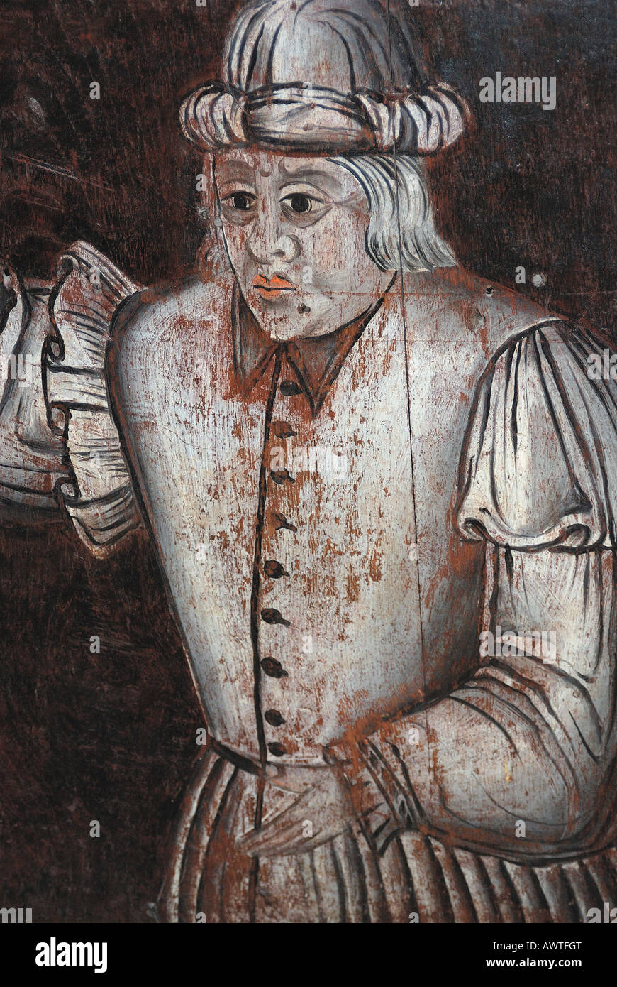 Eine mittelalterliche original-Artworks auf eine dunkle Holzplatte Darstellung einer zeitgenössischen männlichen Figur in feine Kleider Stockfoto