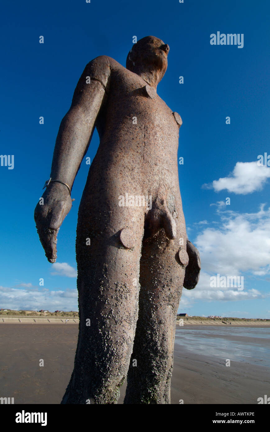 Anthony Gormley Crosby Liverpool Merseyside Formen-ein weiterer Ort Mann nackt nackte nackte Skulptur Statue aus Gusseisen Mann Stockfoto