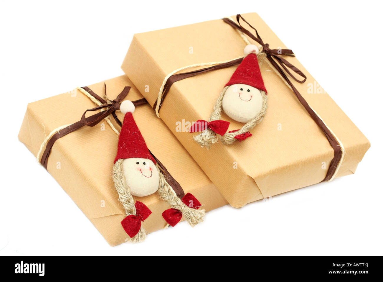 Weihnachtsgeschenke auf weißem Hintergrund Stockfoto