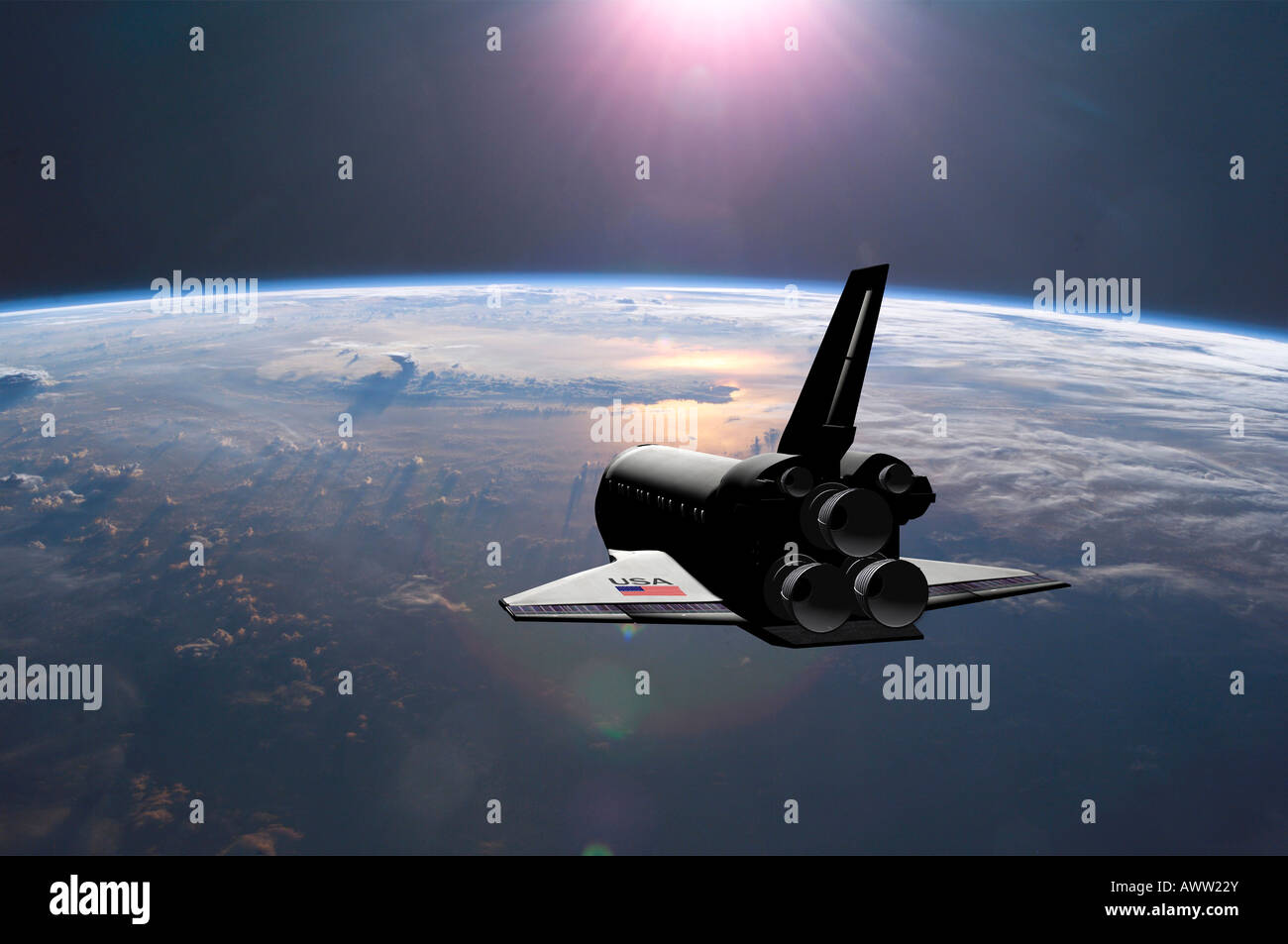 3D Rendern des Space Shuttle über Erde in Richtung der aufgehenden Sonne. Shuttle-Bild des Künstlers, Earth-Bild ist von der NASA Stockfoto