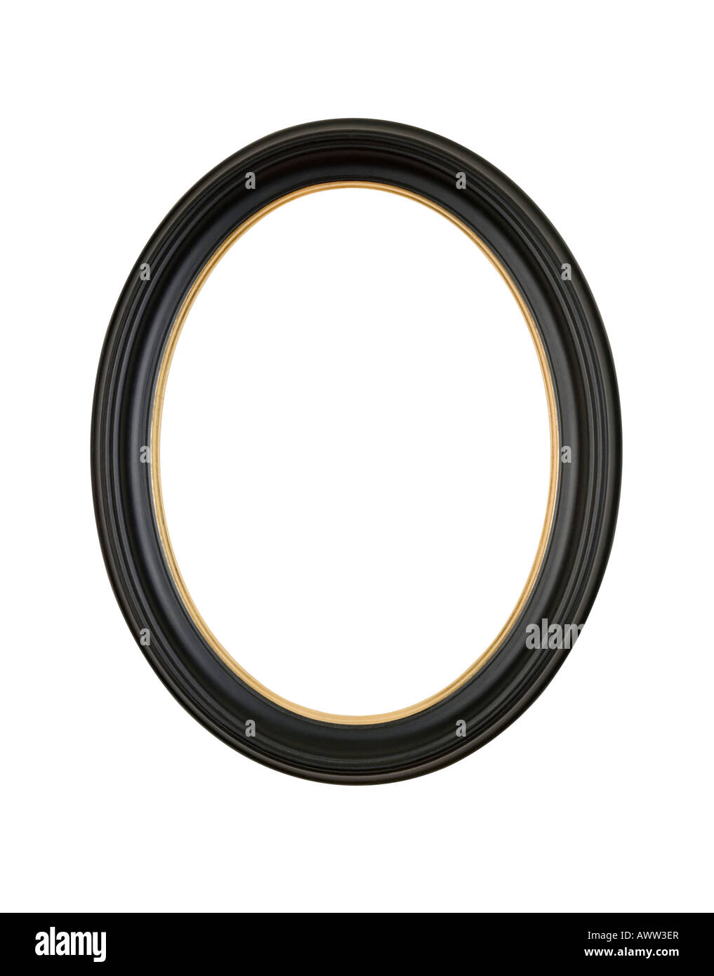 Bild Rahmen Oval Runde in schwarzem satin finish, gold Faltmarkierungen, isoliert auf weißem Hintergrund Stockfoto
