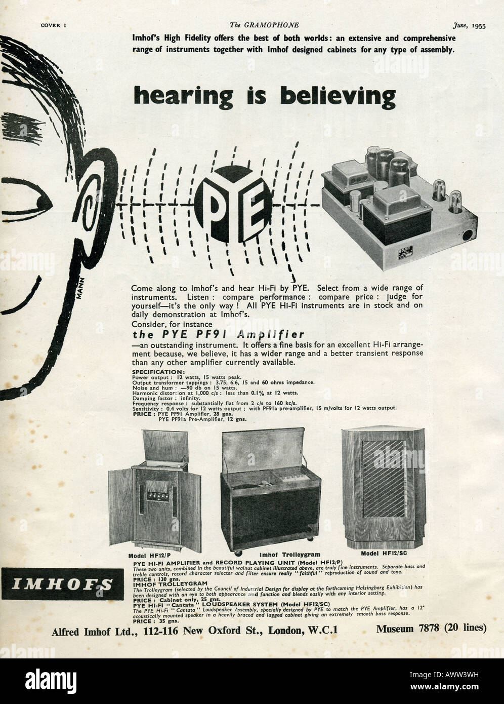 der 1950er Jahre die Gramophone Magazin Juni 1955 Werbung für Imhof High Fidelity HiFi- und Pye Elektronikgeräte zur redaktionellen Verwendung Stockfoto