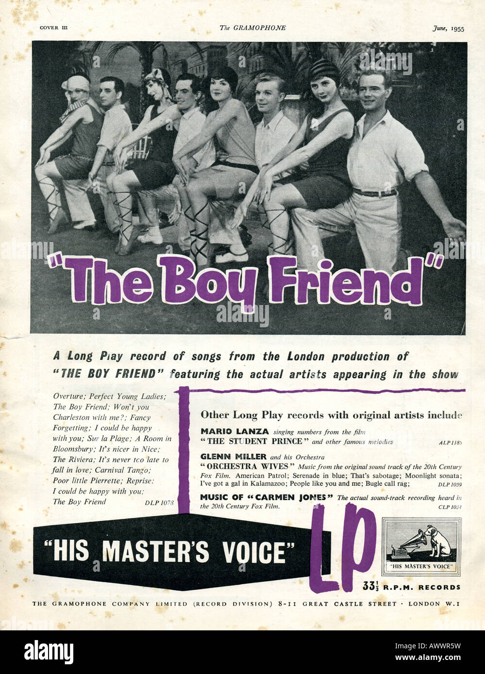 der 1950er Jahre die Gramophone Magazin Werbung für HMV Aufnahme von The Boyfriend auf LP lange spielen Rekord 1955 für redaktionelle Verwendung Stockfoto