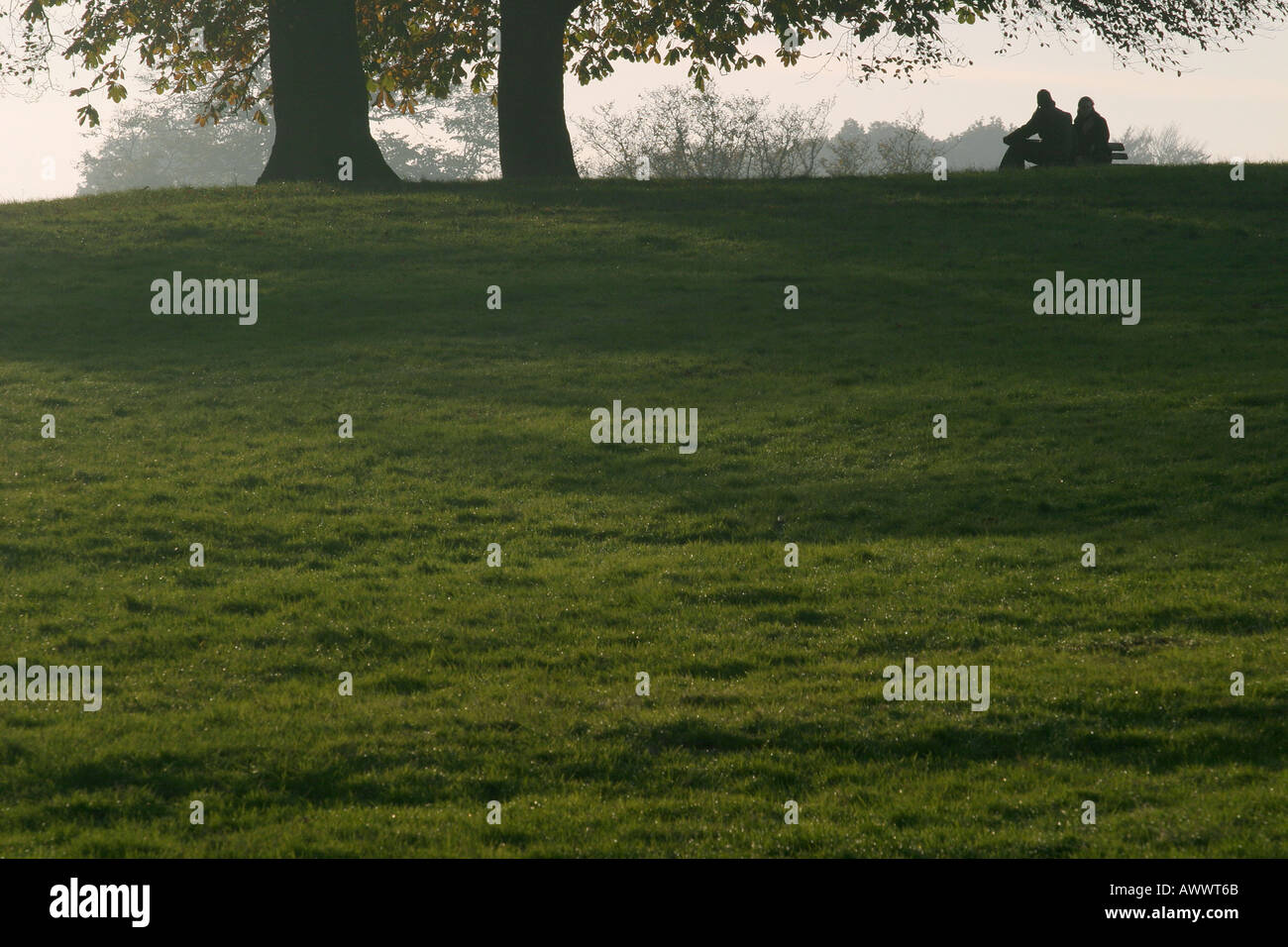 Ein paar sitzt auf einer Bank, Hampstead Heath, London, UK. Stockfoto