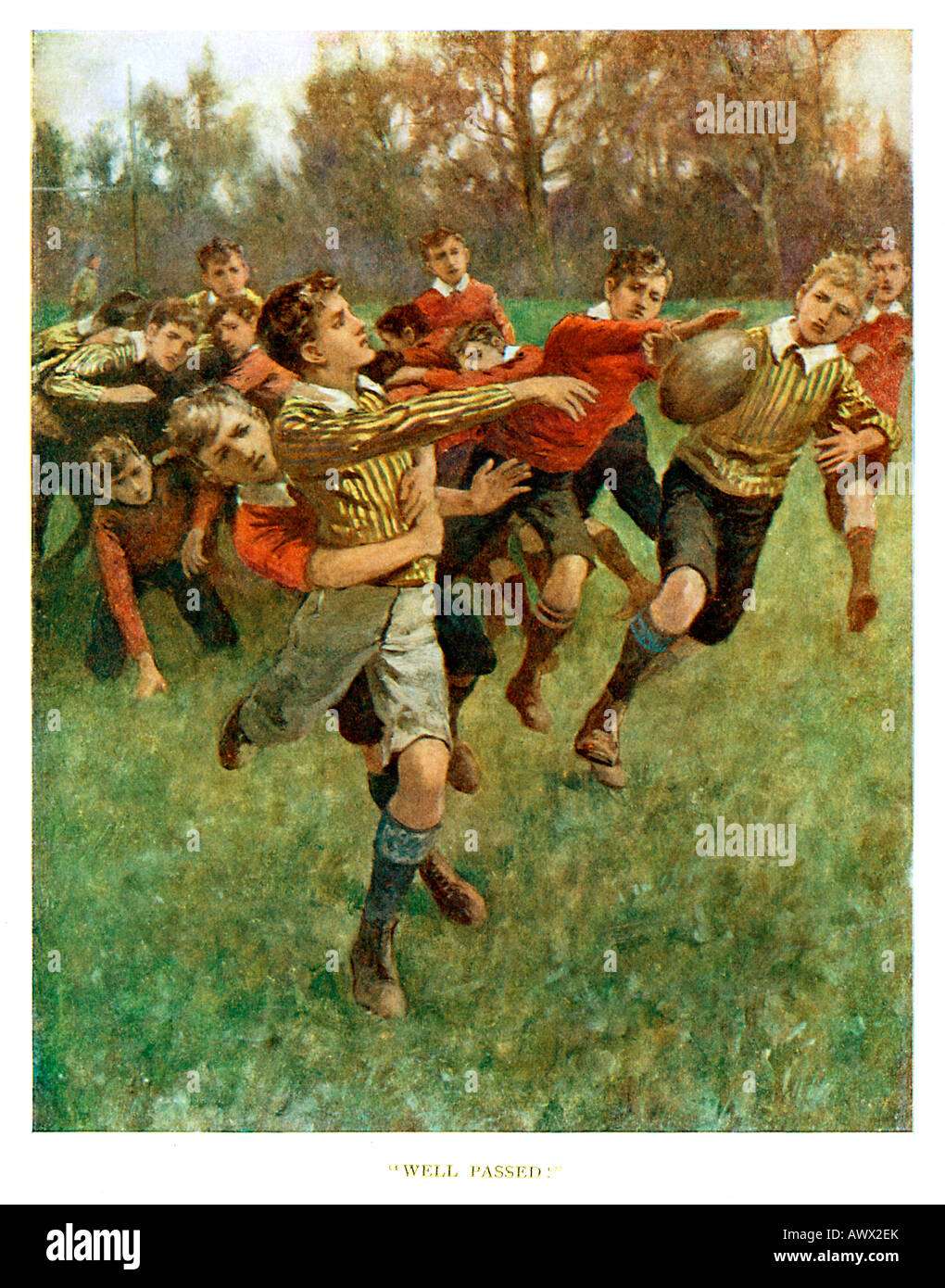 Gut bestanden 1895 viktorianischen Abbildung einer Schule Rugby match den Ball zu einem Mitspieler aus der Bewältigung übergeben Stockfoto