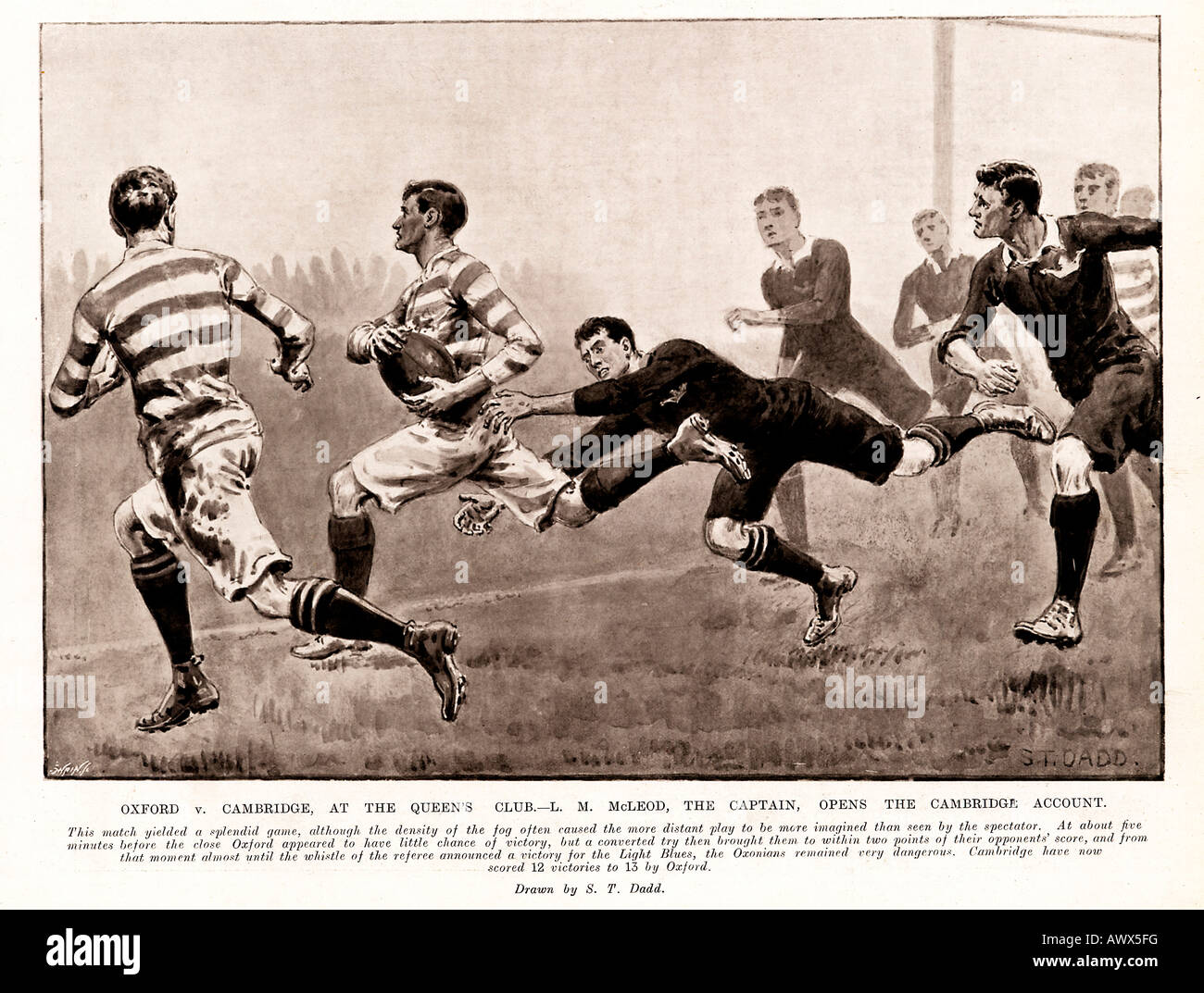 Varsity Match 1905 Illustration des Oxford/Cambridge Rugby LM Macleod erzielt den ersten Versuch, als Cambridge 15 bis 13 gewinnt Stockfoto