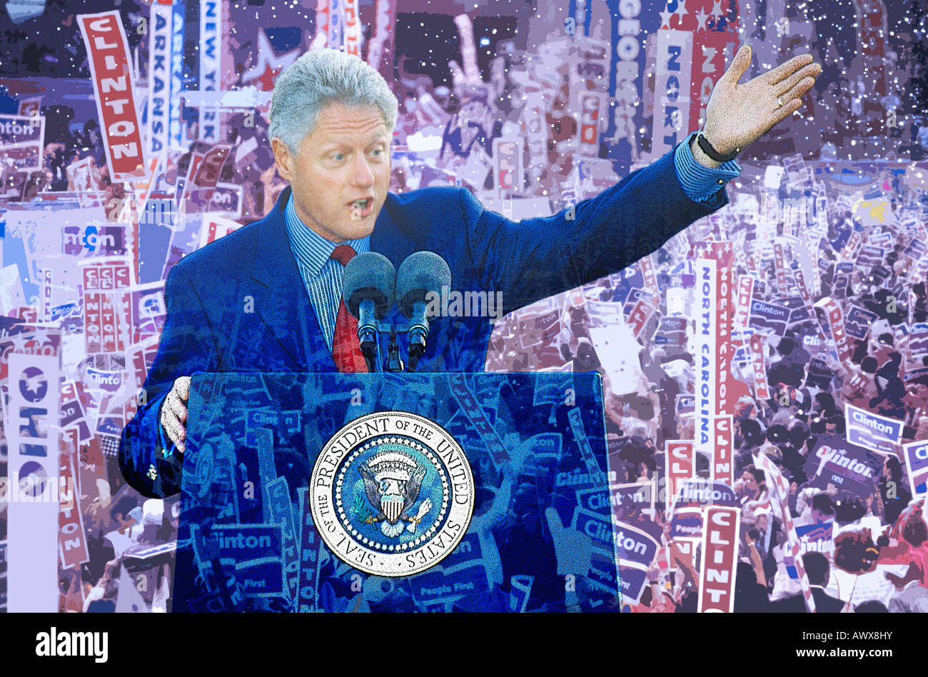 Zusammengesetztes Bild von Präsident Bill Clinton spricht auf einem Podium über demokratische Konvention überlagert Stockfoto