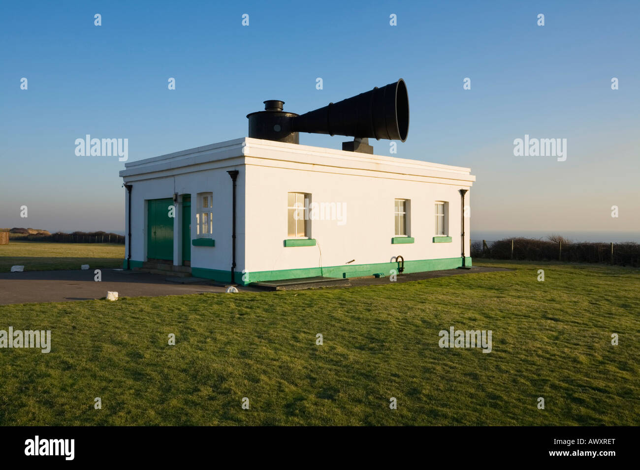 Nebelhorn bei Nash Point Lighthouse Vale von Glamorgan, Wales Stockfoto