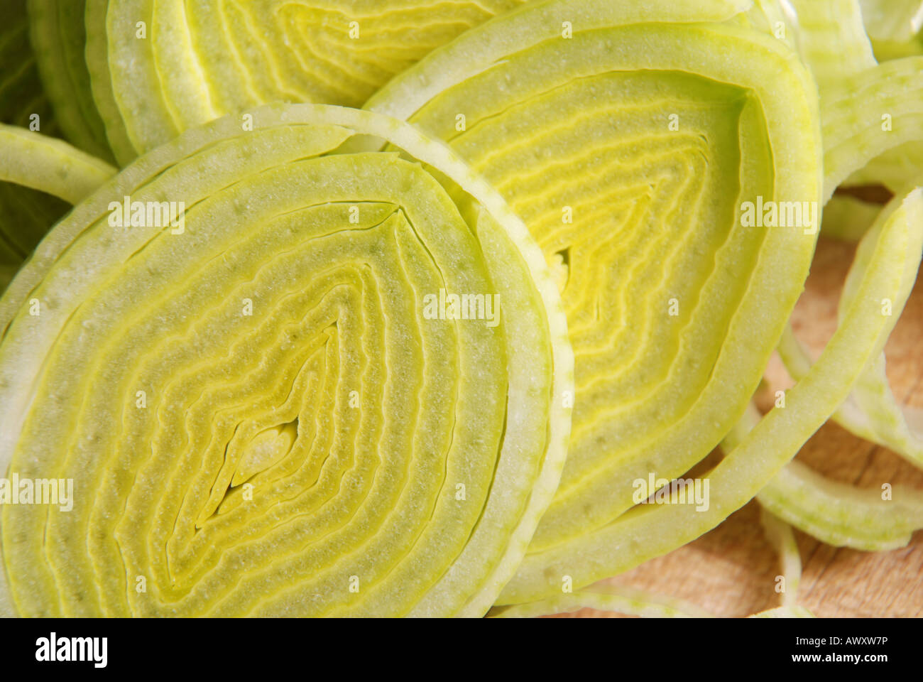 Clouse, auf die in Scheiben geschnittenen Porree Stockfoto
