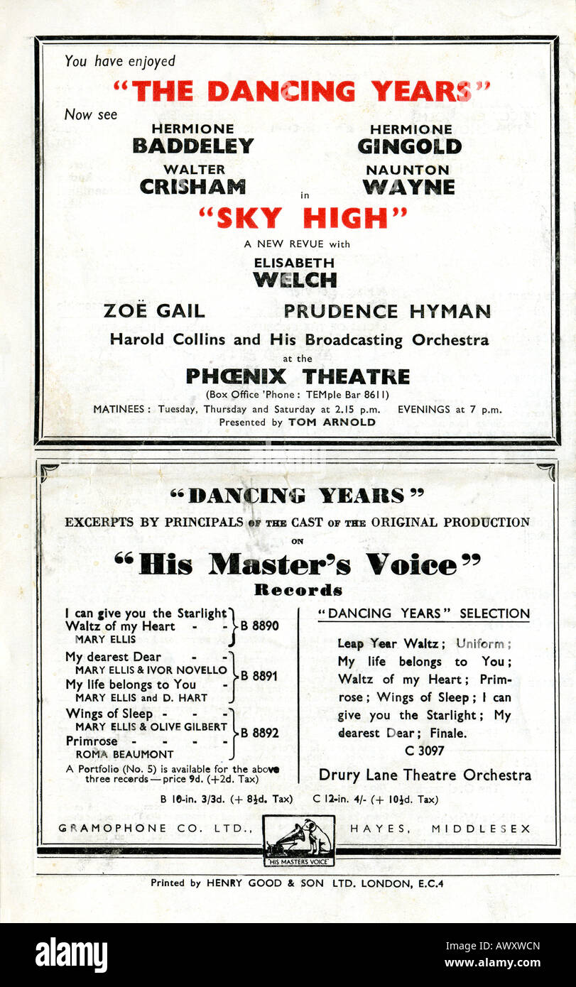 1942 Adelphi Theatre Programm für Ivors The Dancing Jahren nur zur redaktionellen Nutzung Stockfoto