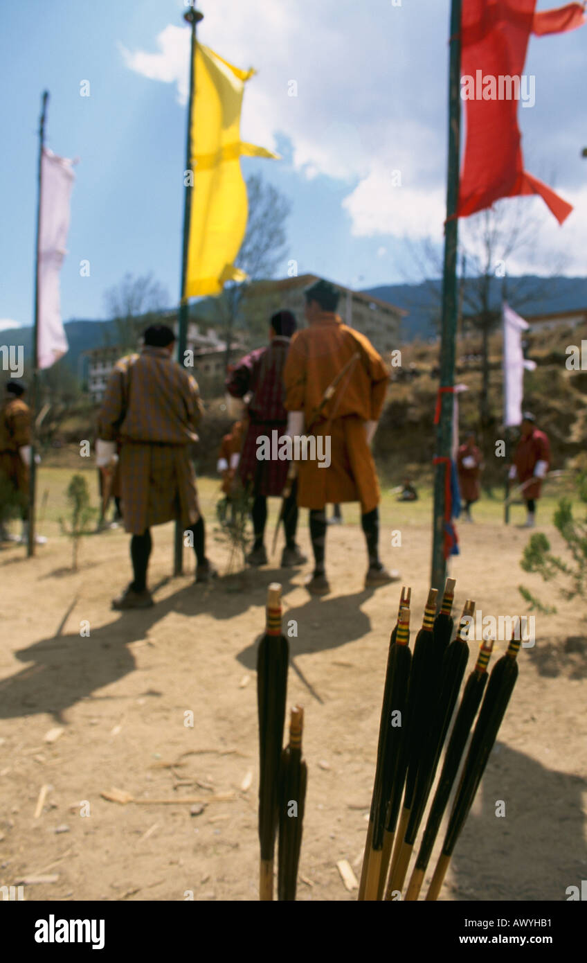 Bogenschießen im Changlimithang (National) Stadion in Thimphu, Bhutan Stockfoto