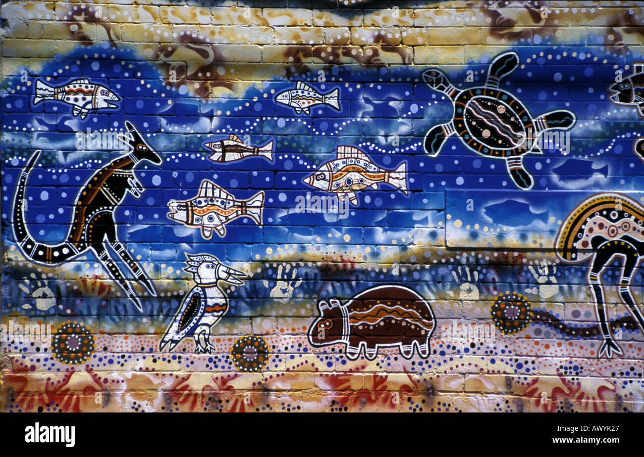 Australian Aboriginal Kunst Wandbild gemalt von Danny und Jamie Eastwood Stockfoto
