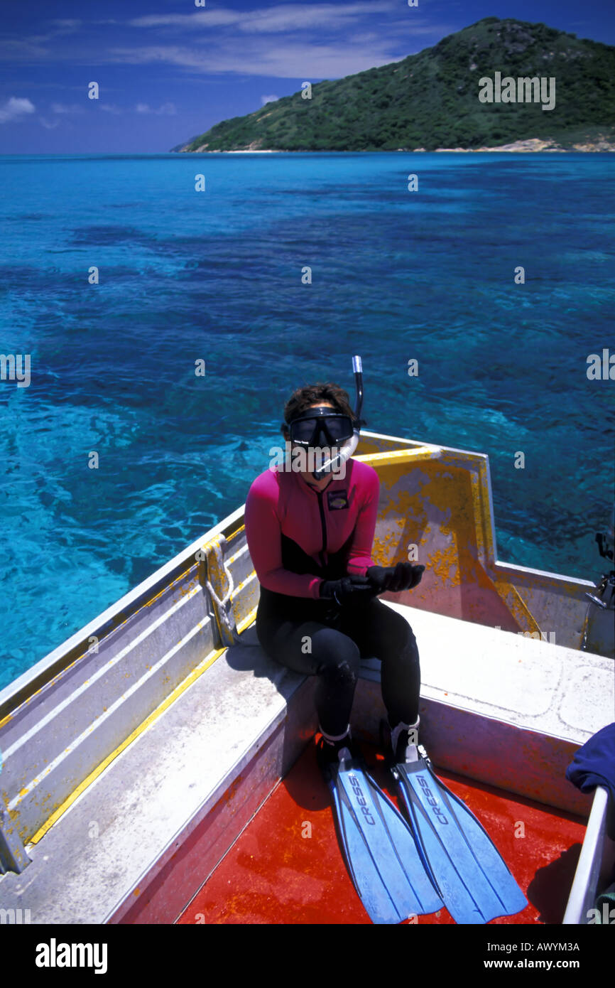 Weibliche Meeresbiologe zu Schnorcheln in der Koralle Lagune von Lizard Island Stockfoto