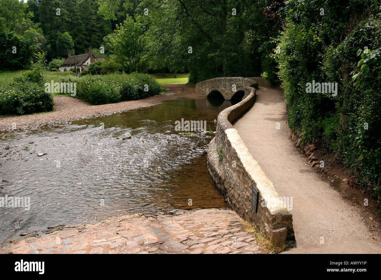 Somerset Dunster Gallox Lastesel Brücke über Fluß Avill Stockfoto