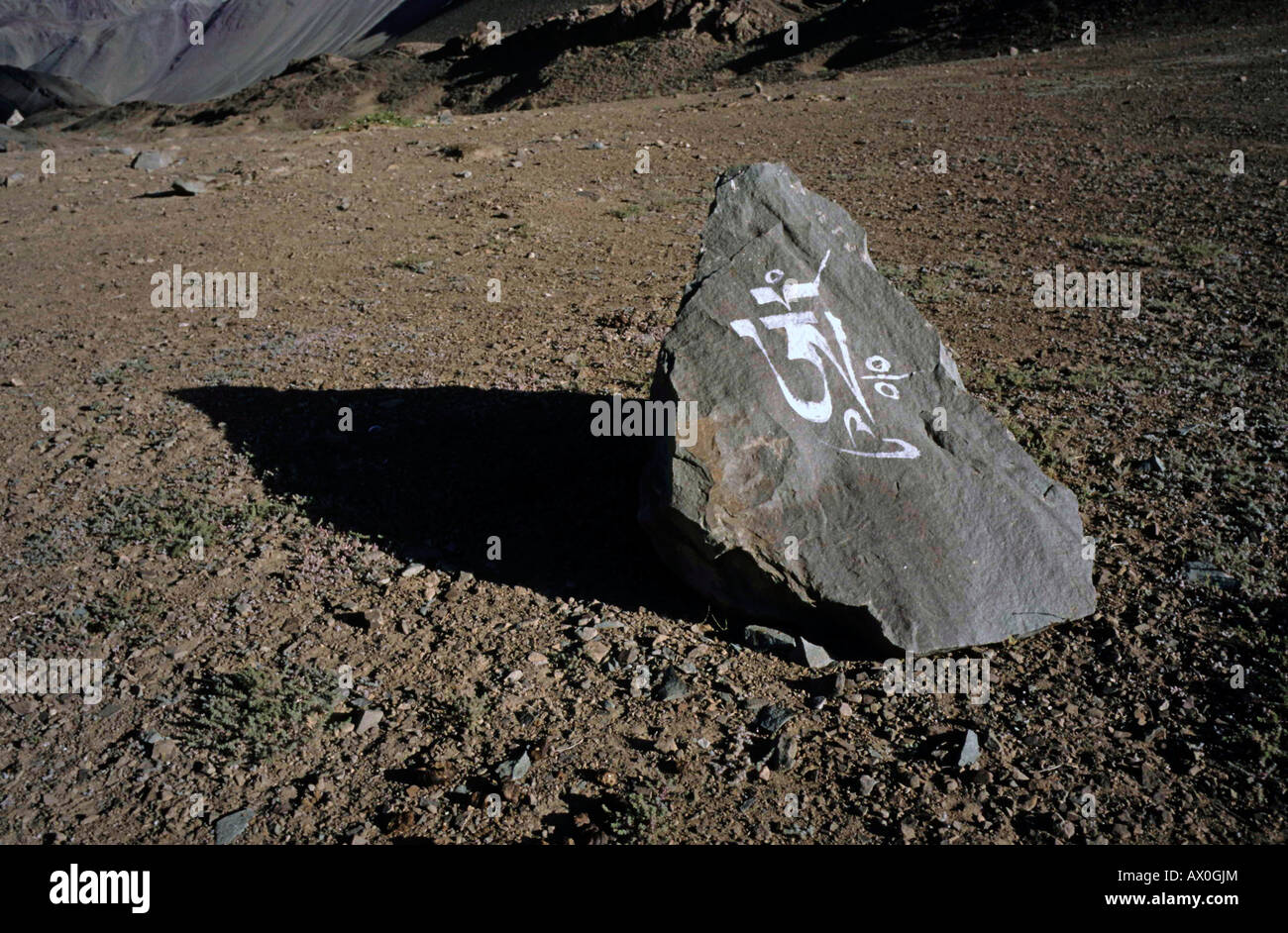 Mani-Stein mit reich verzierten alten tibetischen Schrift: OM MANI PADME HUM, Ladakh, Indien, Asien Stockfoto