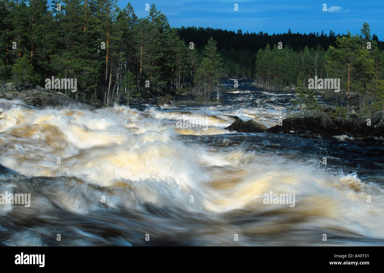 Stromschnellen im Fluss Vanan, Schweden, Dalarna Stockfoto