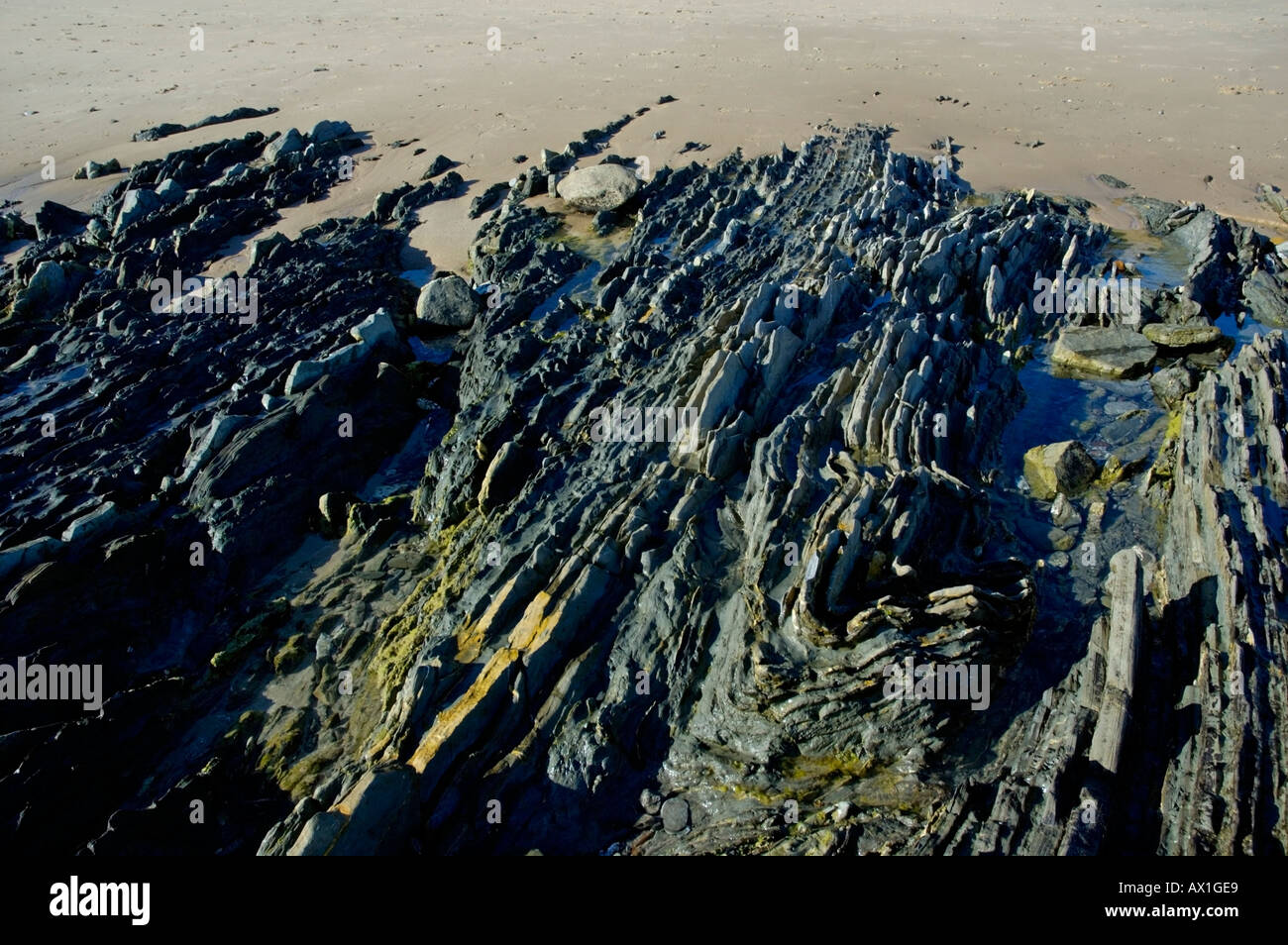 Tarifa Ebbe auf einem Felsen am Playa de Los lances Stockfoto