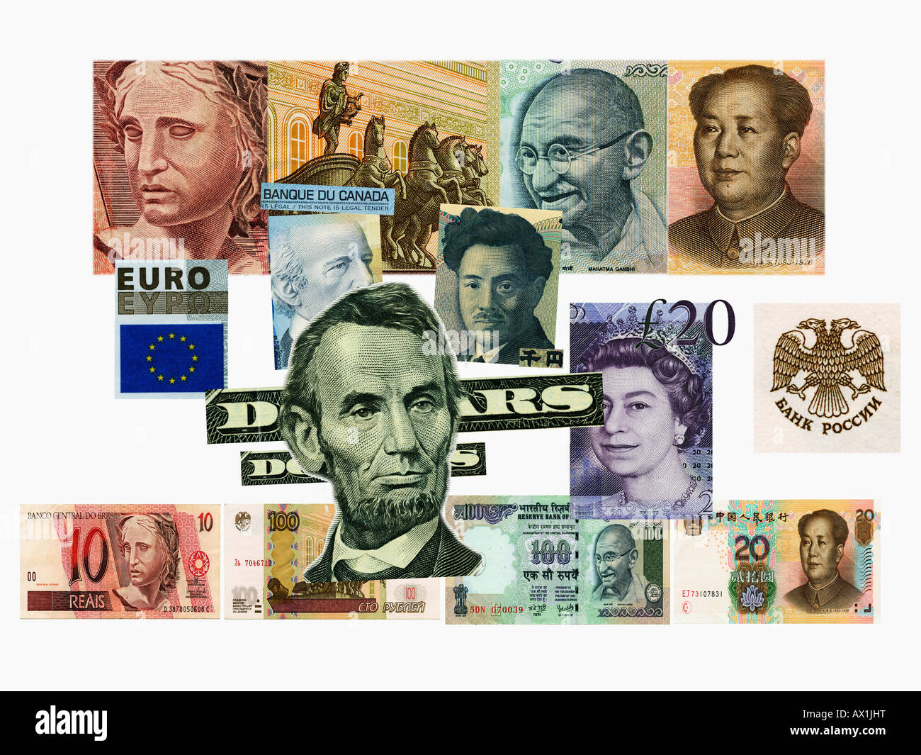 BRIC- und G8-Wirtschaft, vertreten durch Details aus ihrer Banknoten Stockfoto
