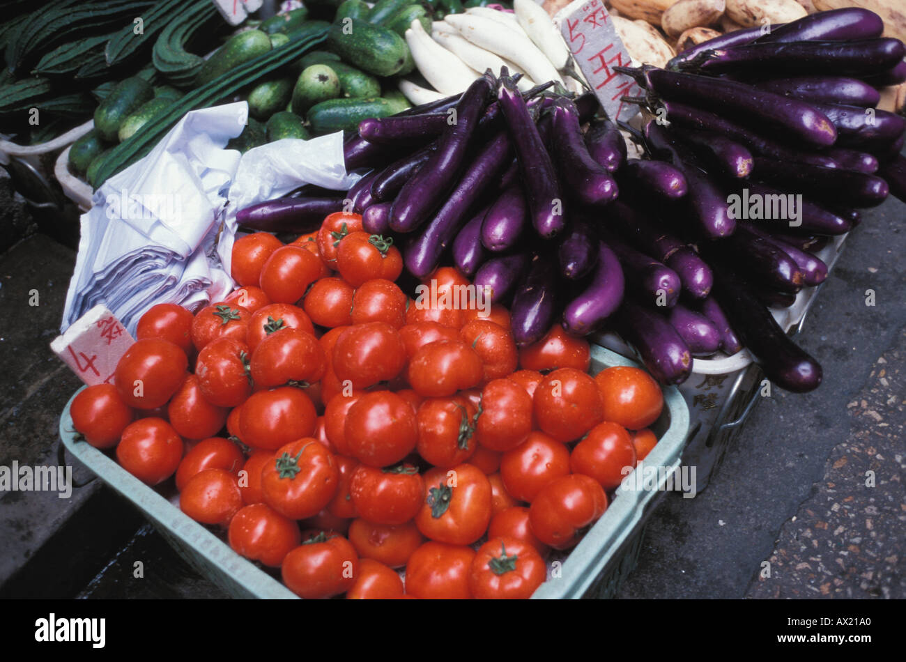 Gemüse Stand am Markt in Hongkong Stockfoto