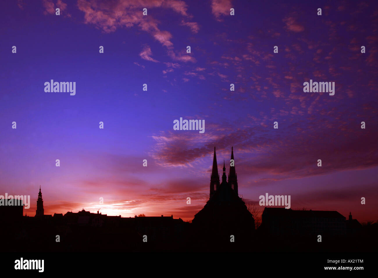 Stadt von Görlitz Silhouette in der Abenddämmerung, Sachsen, Deutschland, Europa Stockfoto
