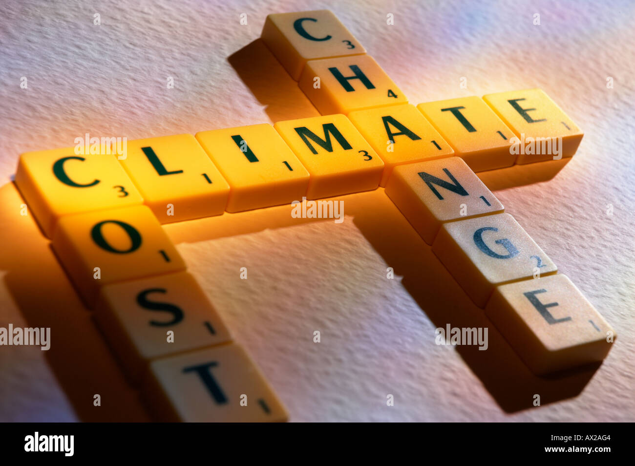 SCRABBLE BRETTSPIEL BUCHSTABEN CLIMATE CHANGE KOSTEN Stockfoto