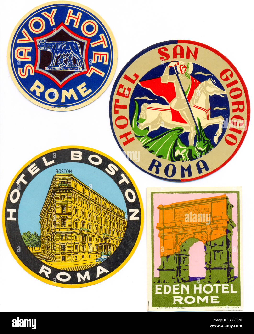 Gepäck-Etiketten aus Rom, Italien, 1930er Jahre Stockfoto