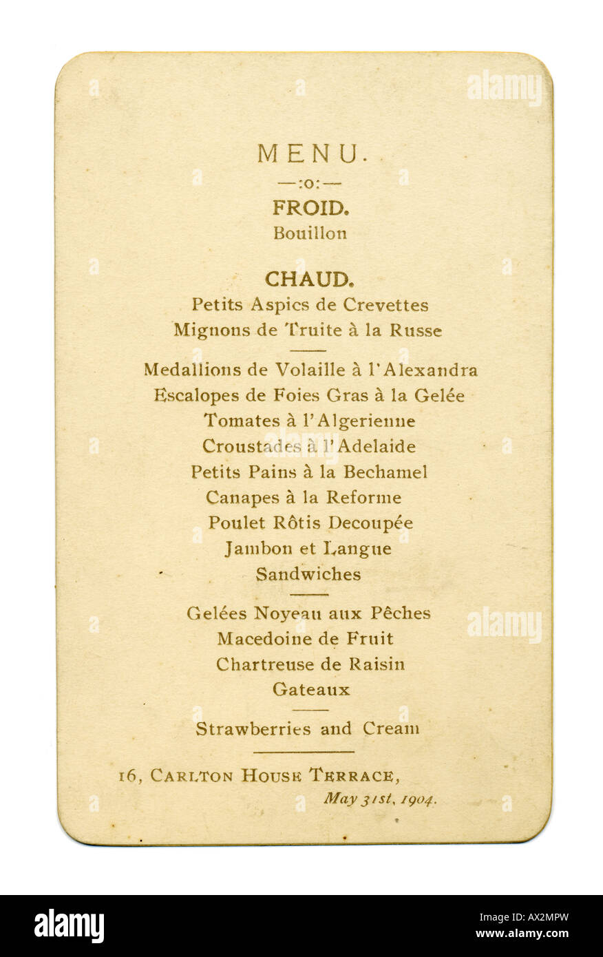 1900er Jahre Edwardian Abend Abendkarte 31. Mai 1904 Stockfoto