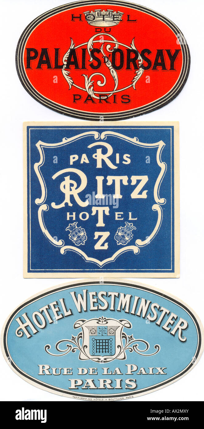 Paris Hotel Gepäck Etiketten der 1930er Jahre Stockfoto