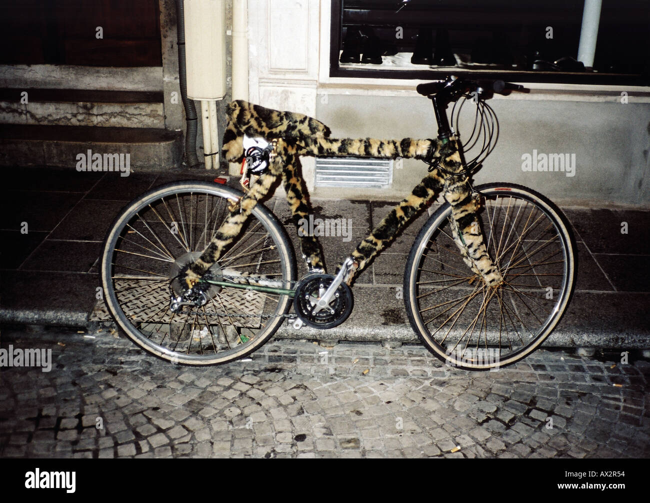 Fahrrad mit Leopard-Abdeckung Stockfoto