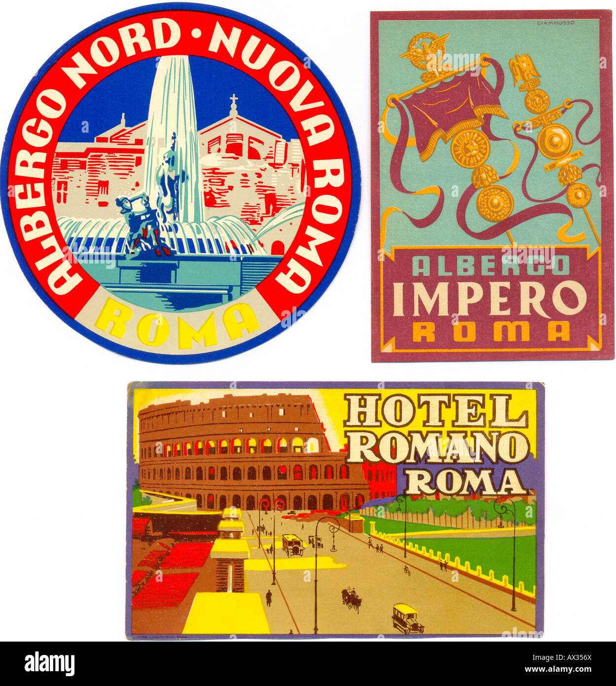 Gepäck-Labels aus Rom Hotels der 1930er Jahre Stockfoto