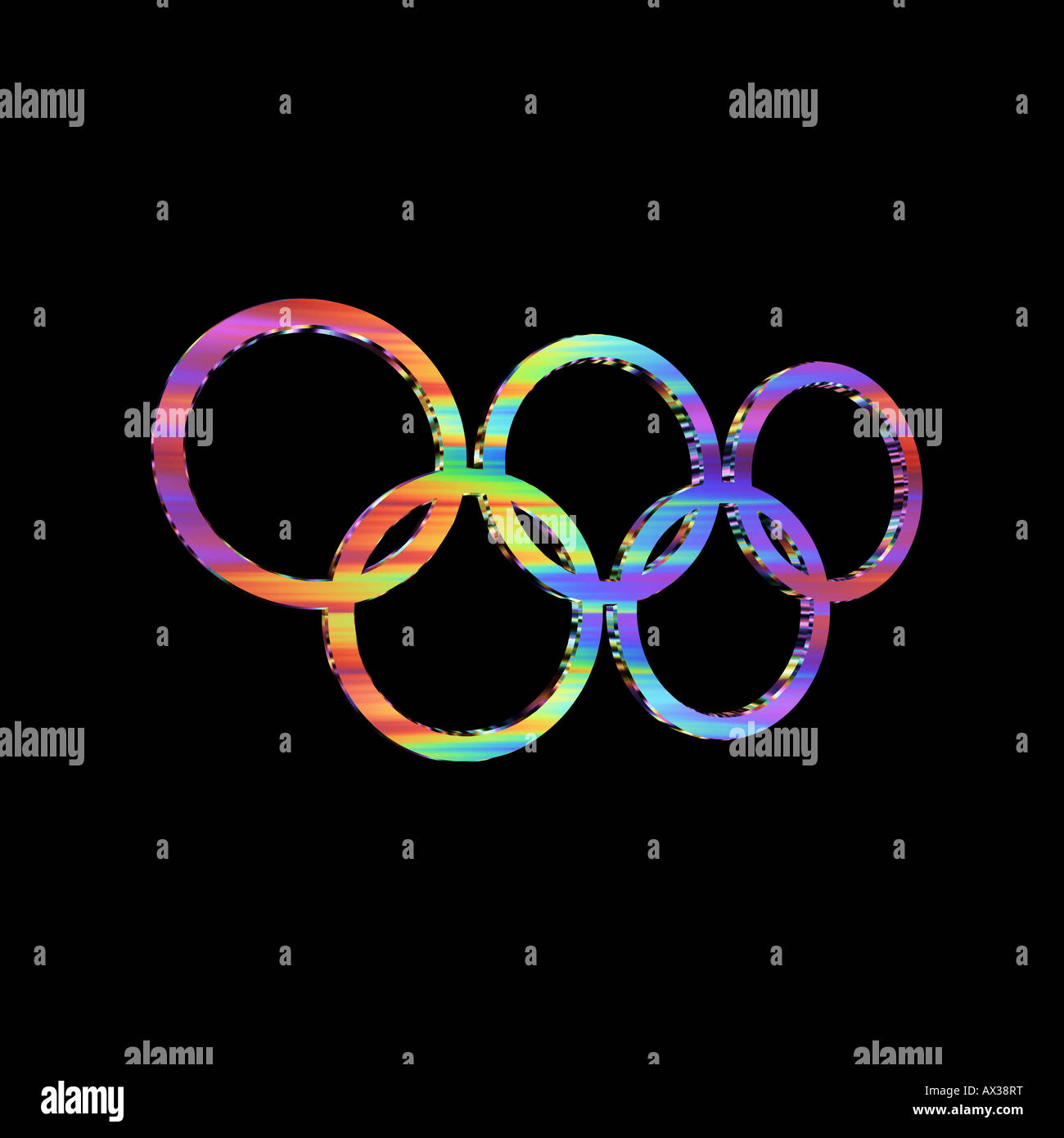 Olympische Ringe in zufälligen Spektralfarben gegen einen einfarbigen schwarzen Hintergrund Stockfoto