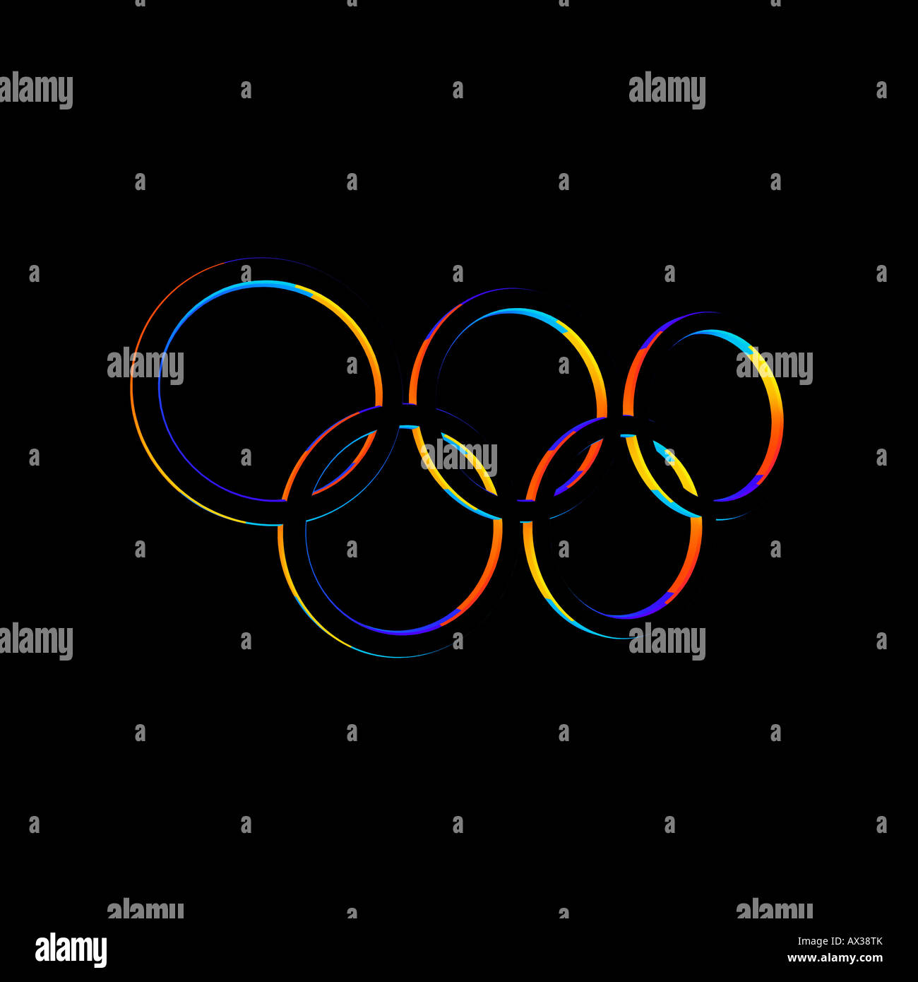 Eklektische Auslegung der Olympischen Ringe gegen einen einfarbigen schwarzen Hintergrund Stockfoto