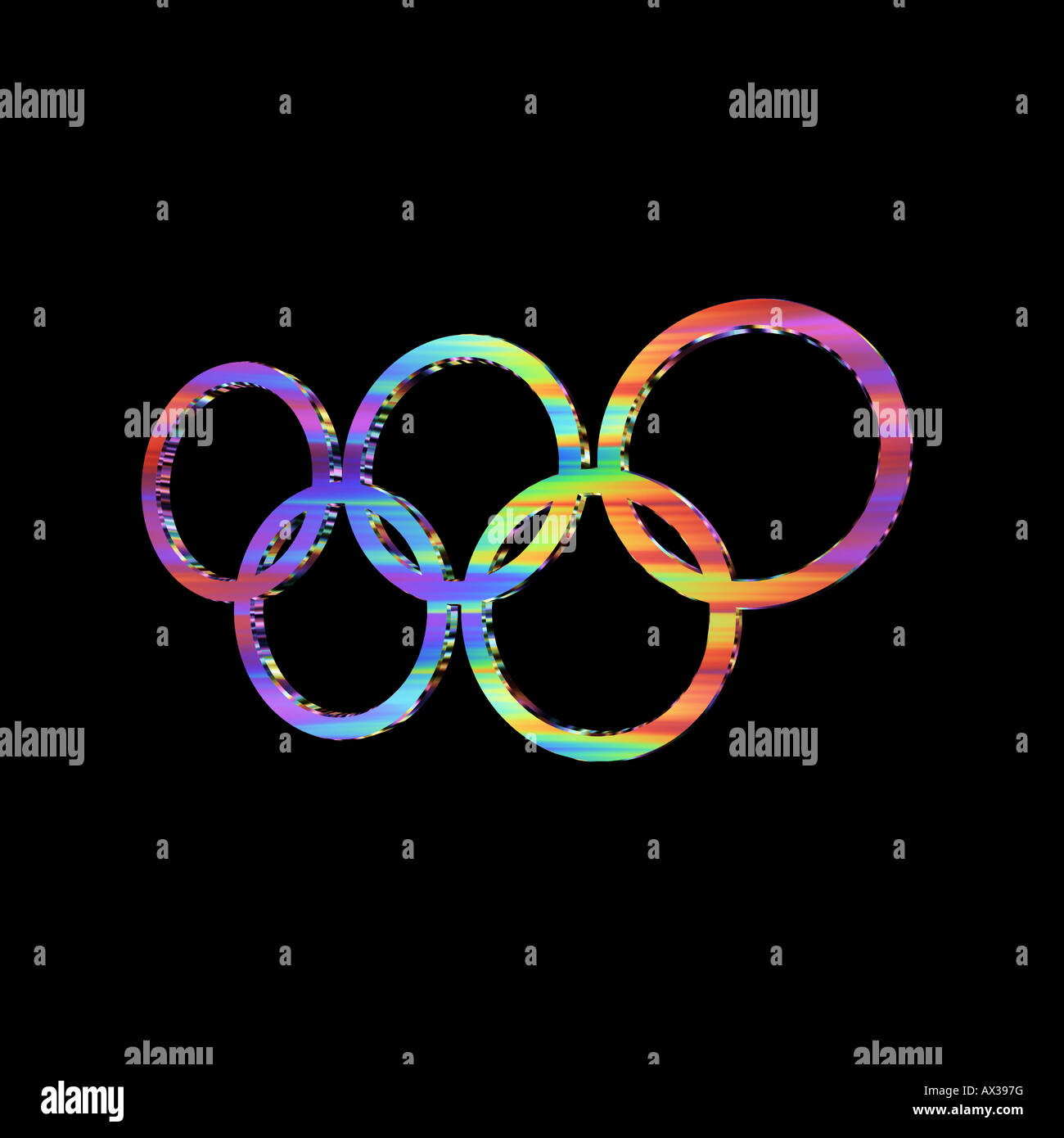 Olympische Ringe in phantasievollen Spektralfarben gegen einen einfarbigen schwarzen Hintergrund Stockfoto