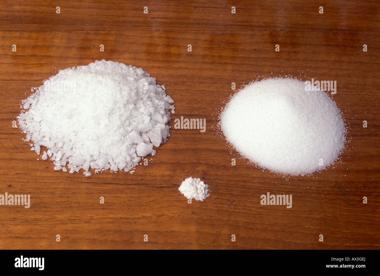 100g Wasser konnten 38 g NaCl (Kochsalz) TL oder 20 g NaCO3(washing soda) TR oder 0,2 g CaSO4(plaster) b auflösen. Stockfoto