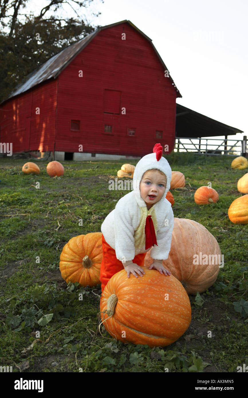 Junge im Huhn Kostüm auf Bauernhof Stockfoto