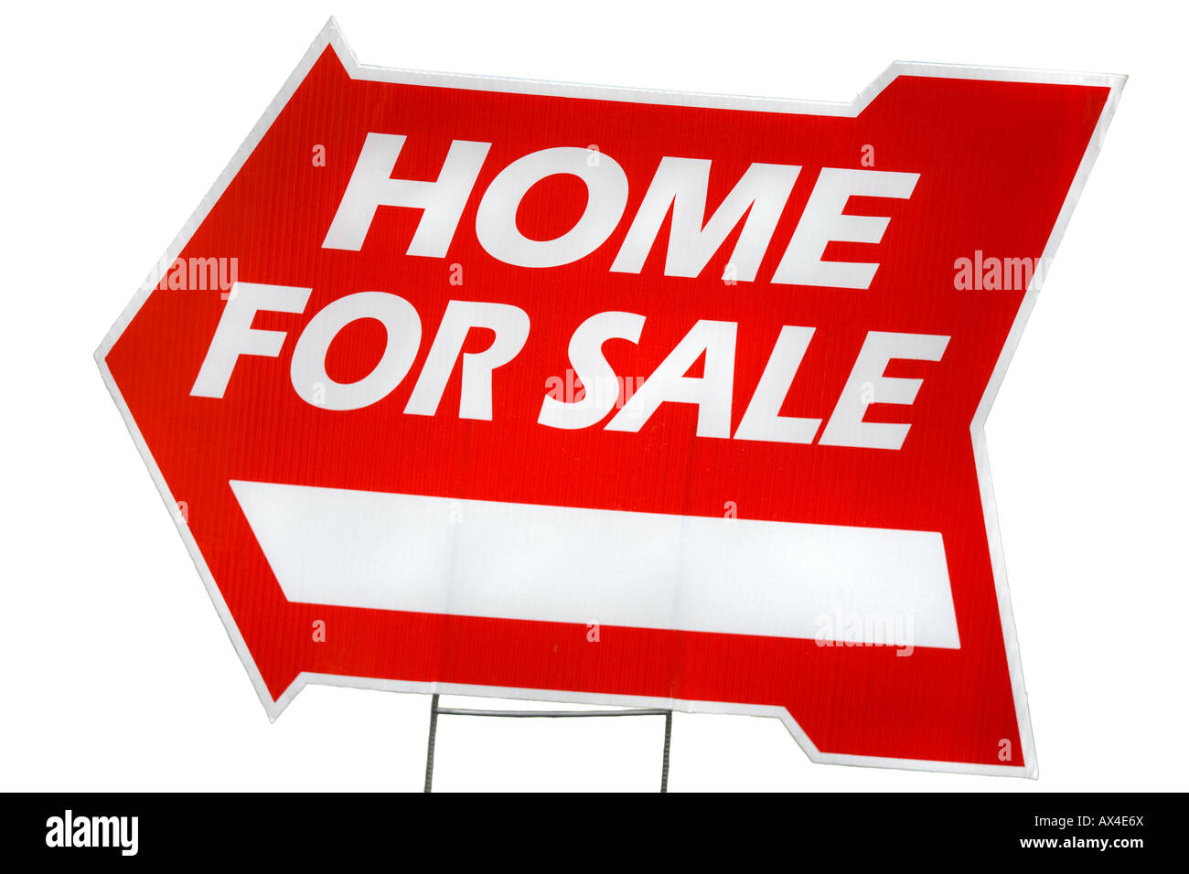 Haus für Verkauf zu unterzeichnen. Rotes Schild mit Pfeil auf weißem Hintergrund Ausschnitt ausschneiden Stockfoto