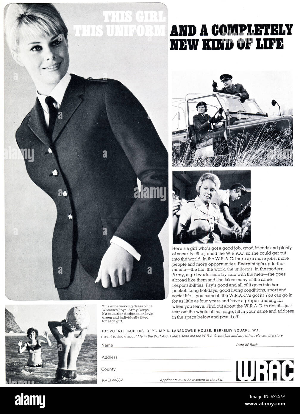 1960er Jahre sechziger Jahre Werbung für WRAC Frauen Royal Army Corps 1965 für nur zur redaktionellen Nutzung Stockfoto