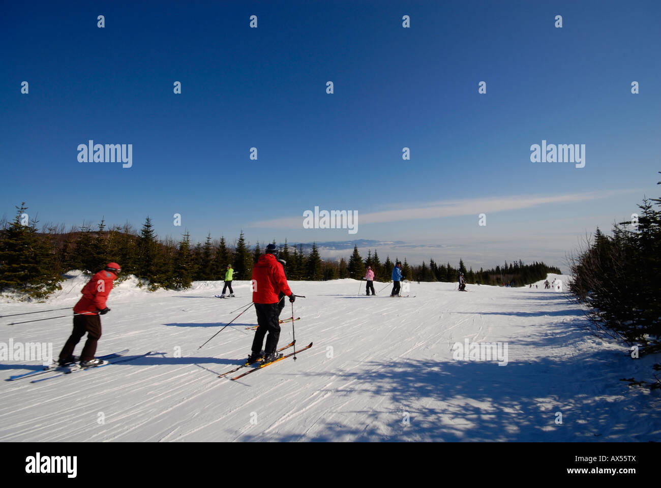 Skifahrer und Snowboarder genießen Sie Pisten, Le Massif Skigebiet, Region von Charlevoix, Kanada Stockfoto