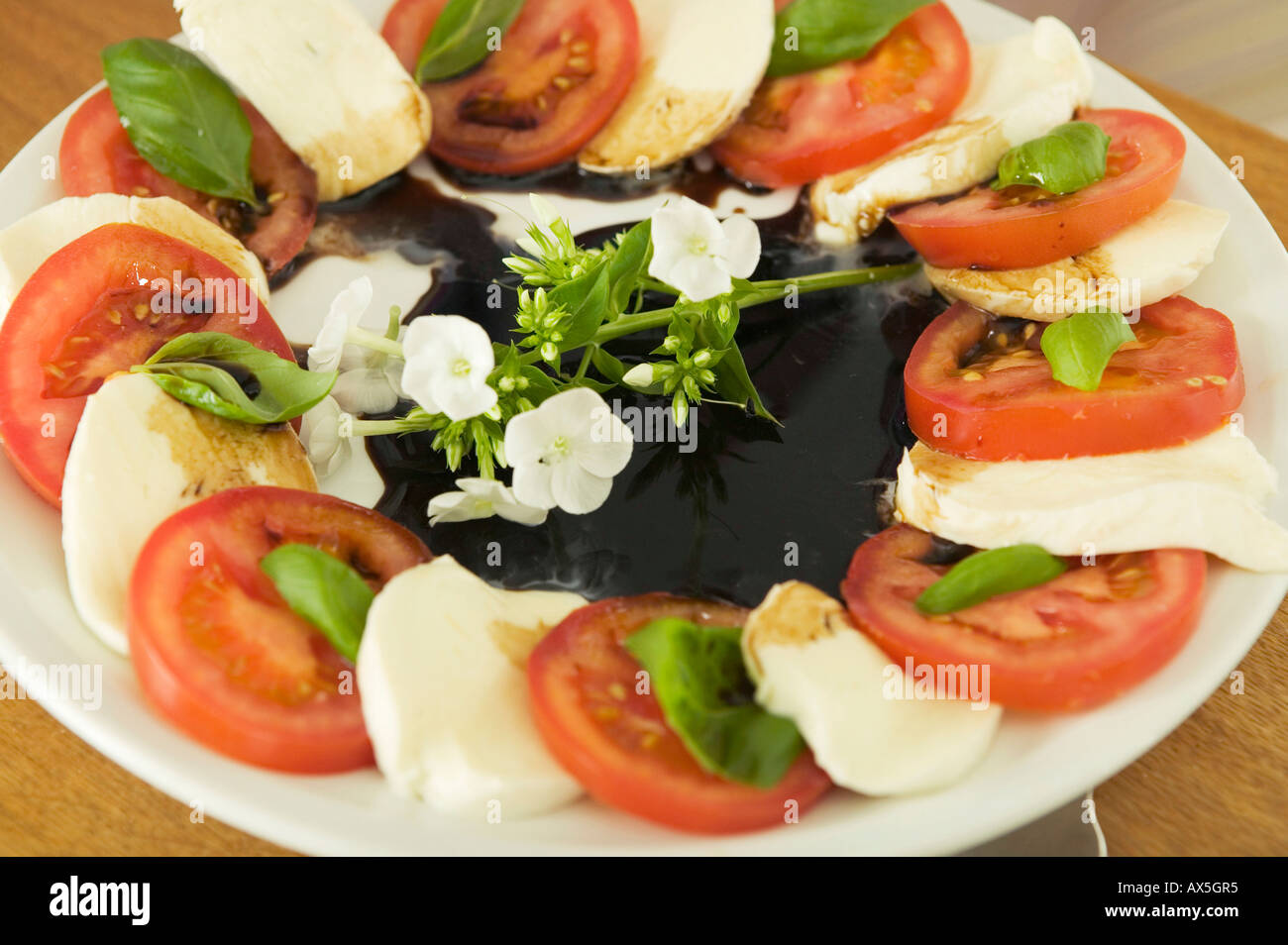 Mozzarella mit Tomaten, Nahaufnahme Stockfoto