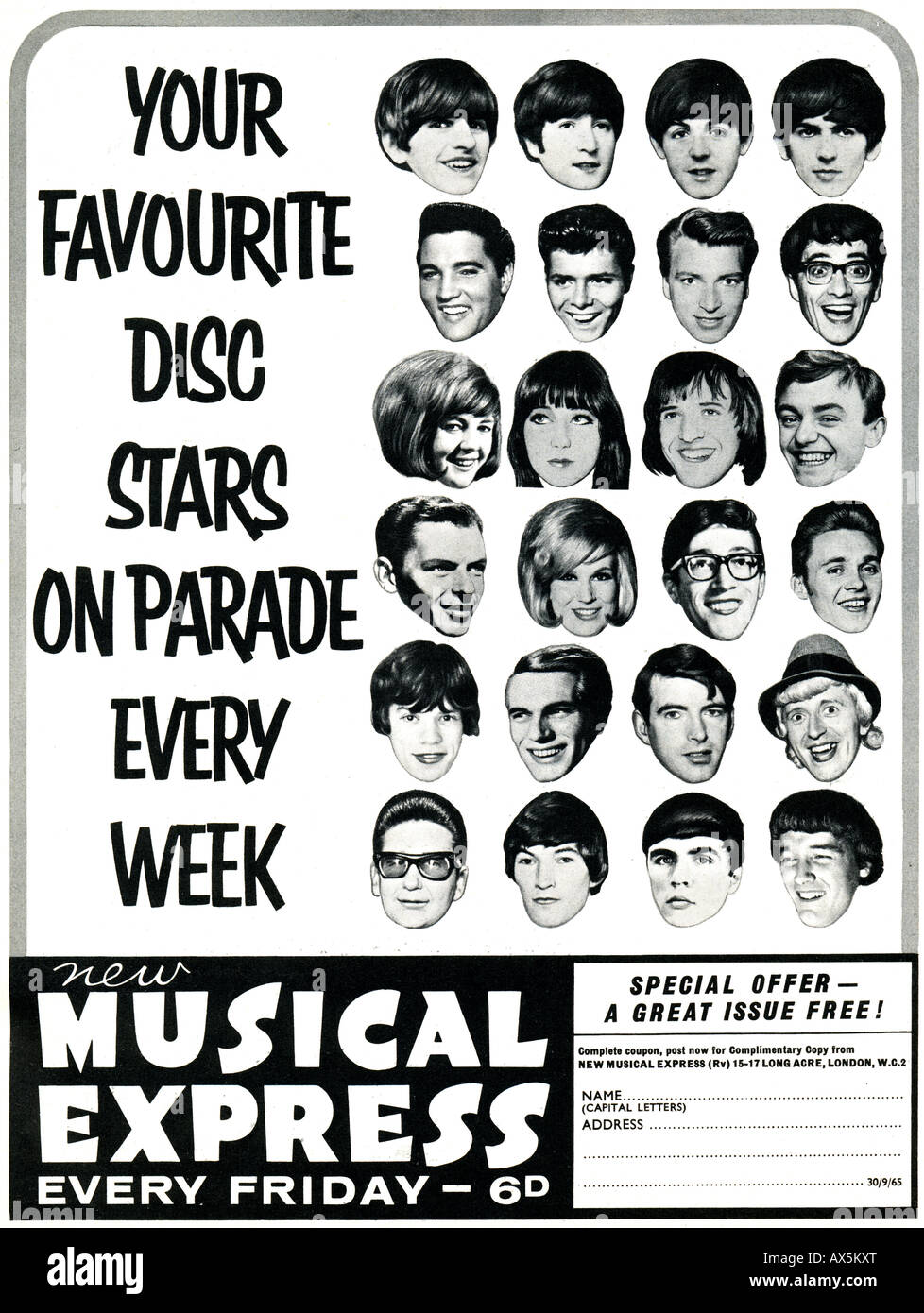 1960er Jahre sechziger Jahre Werbung für NME New Musical Express Magazin 1965 für nur zur redaktionellen Nutzung Stockfoto