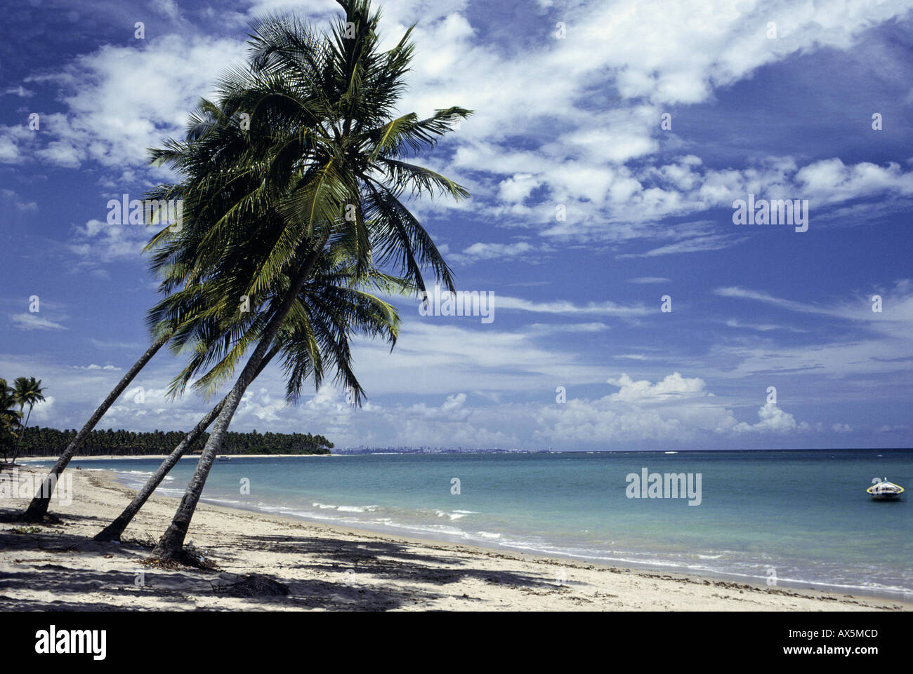 Insel Itaparica, Brasilien. Tropischer Strand; drei Palmen im Vordergrund, grünes Meer, blauer Himmel und nur wenige Wolken. Bahia. Stockfoto