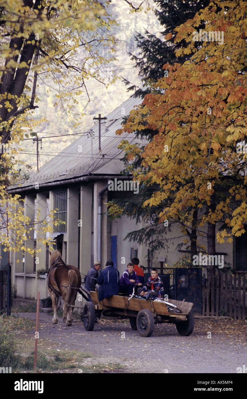 Tschechische Republik. Familie in einem Pferd gezeichneten Wagen in einem ländlichen Dorf Autmn Reiten. Stockfoto