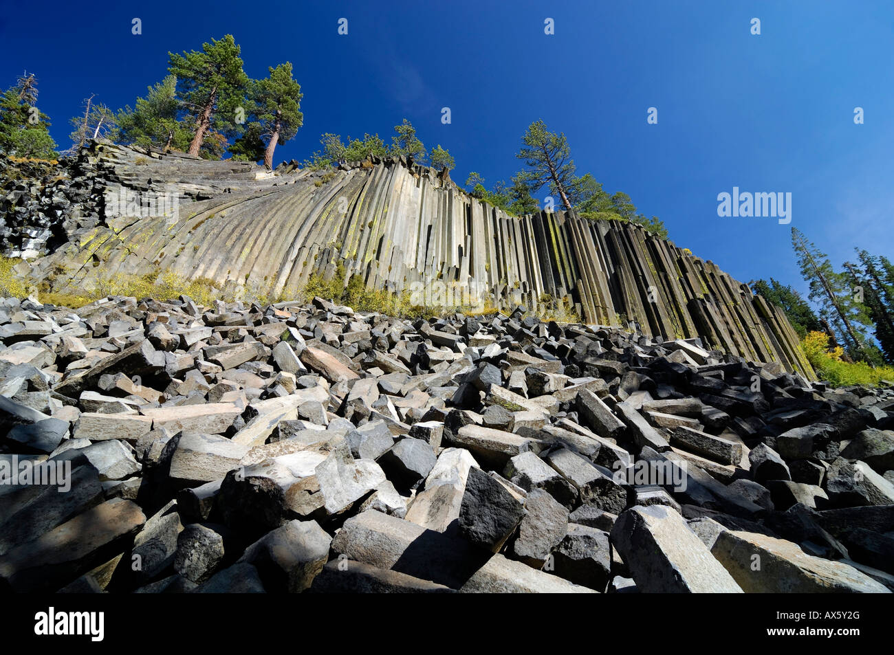 Basaltsäulen, Mammoth Lake, der Teufel Postpile Nationaldenkmal, Kalifornien, USA Stockfoto