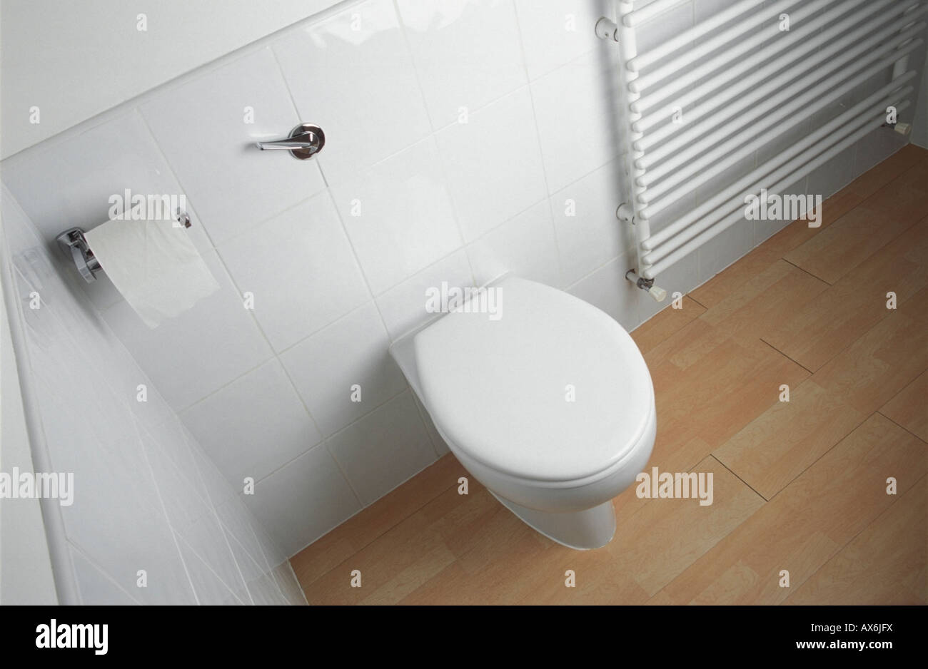 Weiße Toilette und Handtuch-Heizkörper Stockfoto