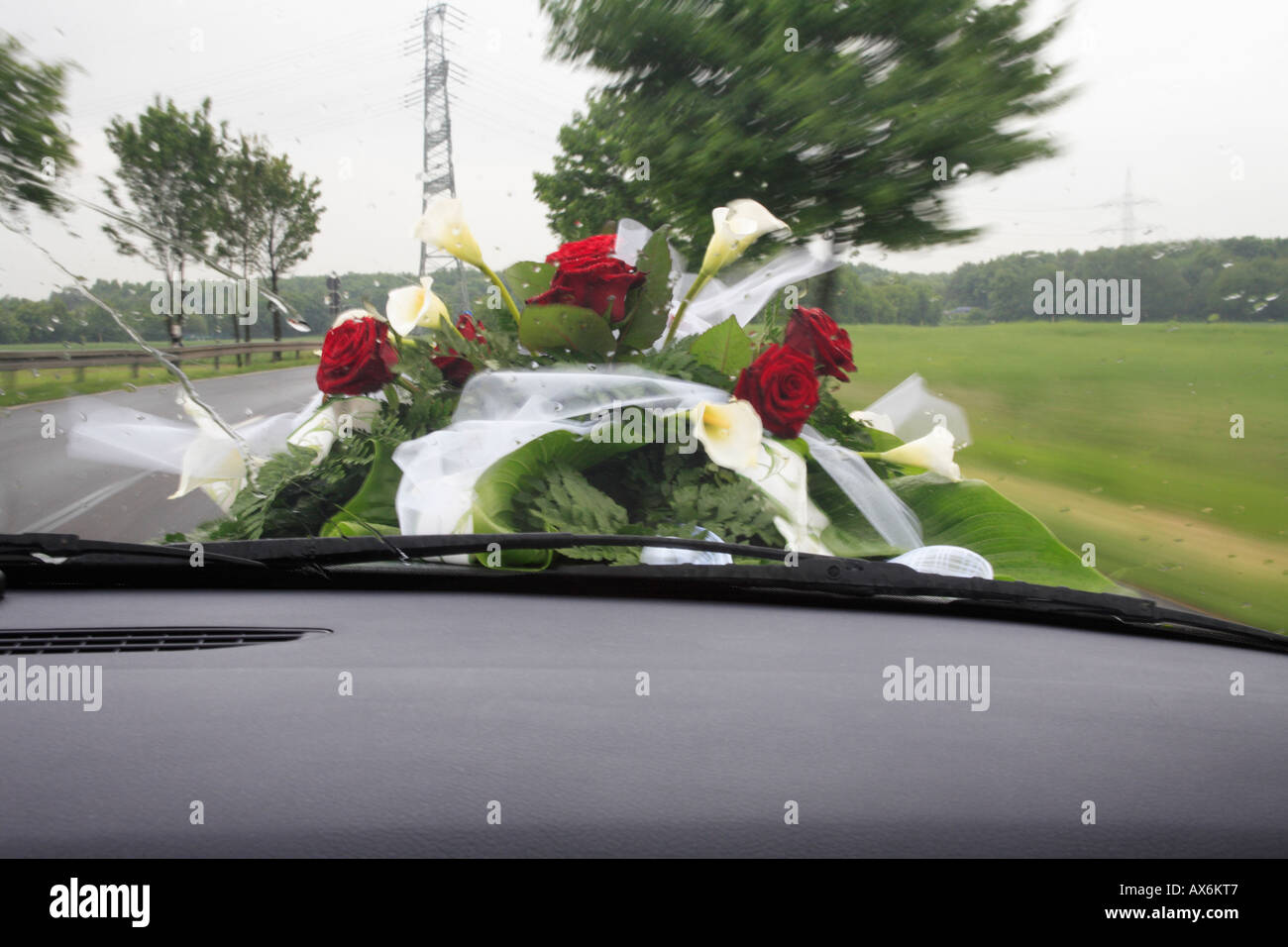 Blick über Armaturenbrett auf Braut Blumen an einem regnerischen Tag auf Motorhaube montiert. Deutschland, Europa Stockfoto