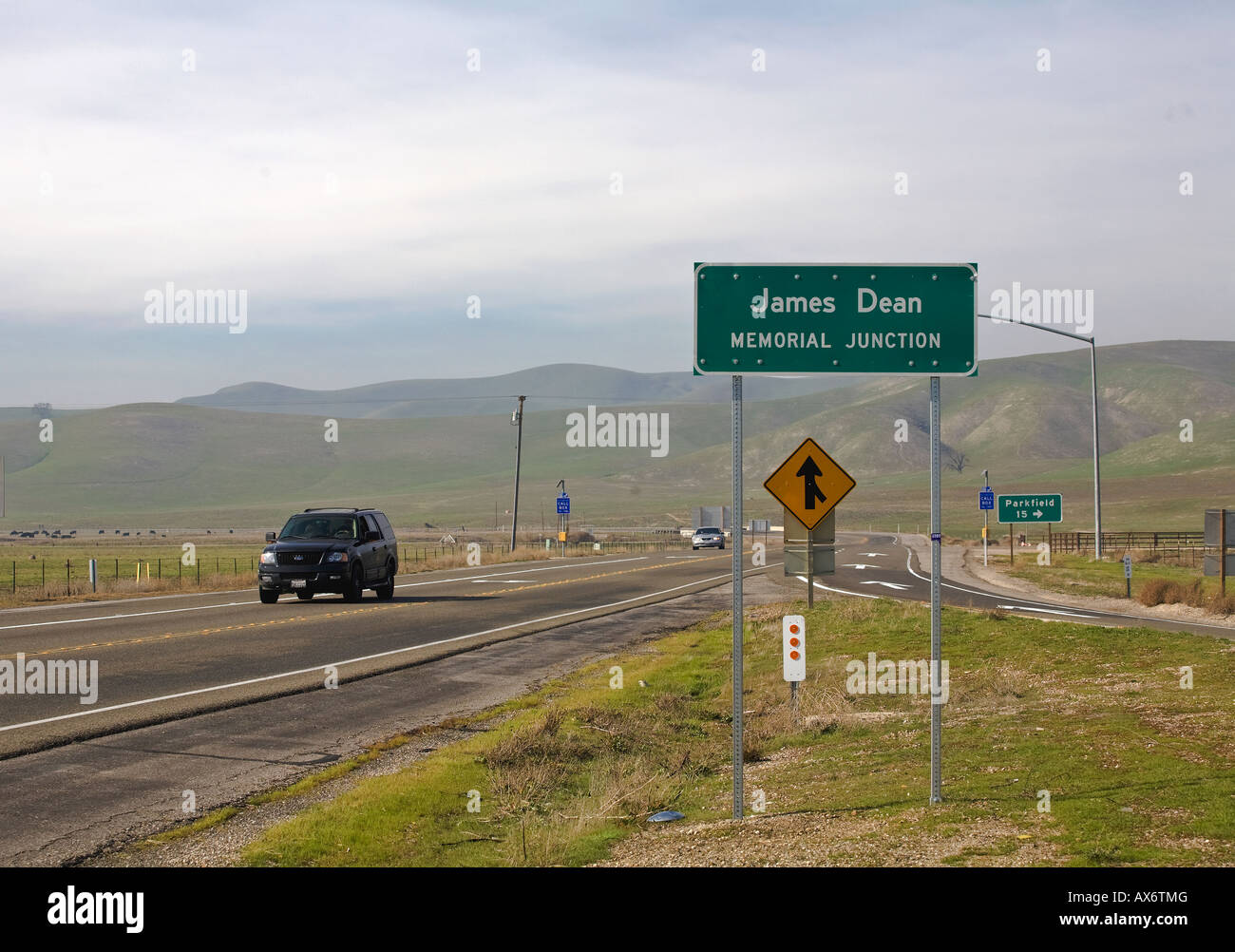 Website, wo der amerikanische Schauspieler James Dean 1955 bei einem Autounfall getötet wurde. Stockfoto