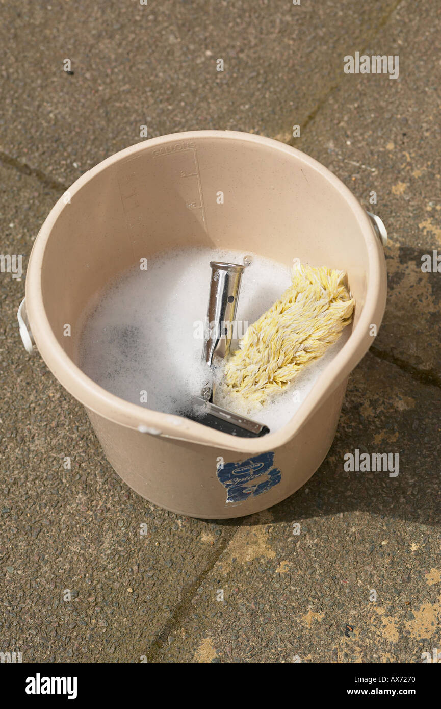 Fensterputzer Eimer voll mit Wasser und Seife mit Rakel und Schwamm Stockfoto