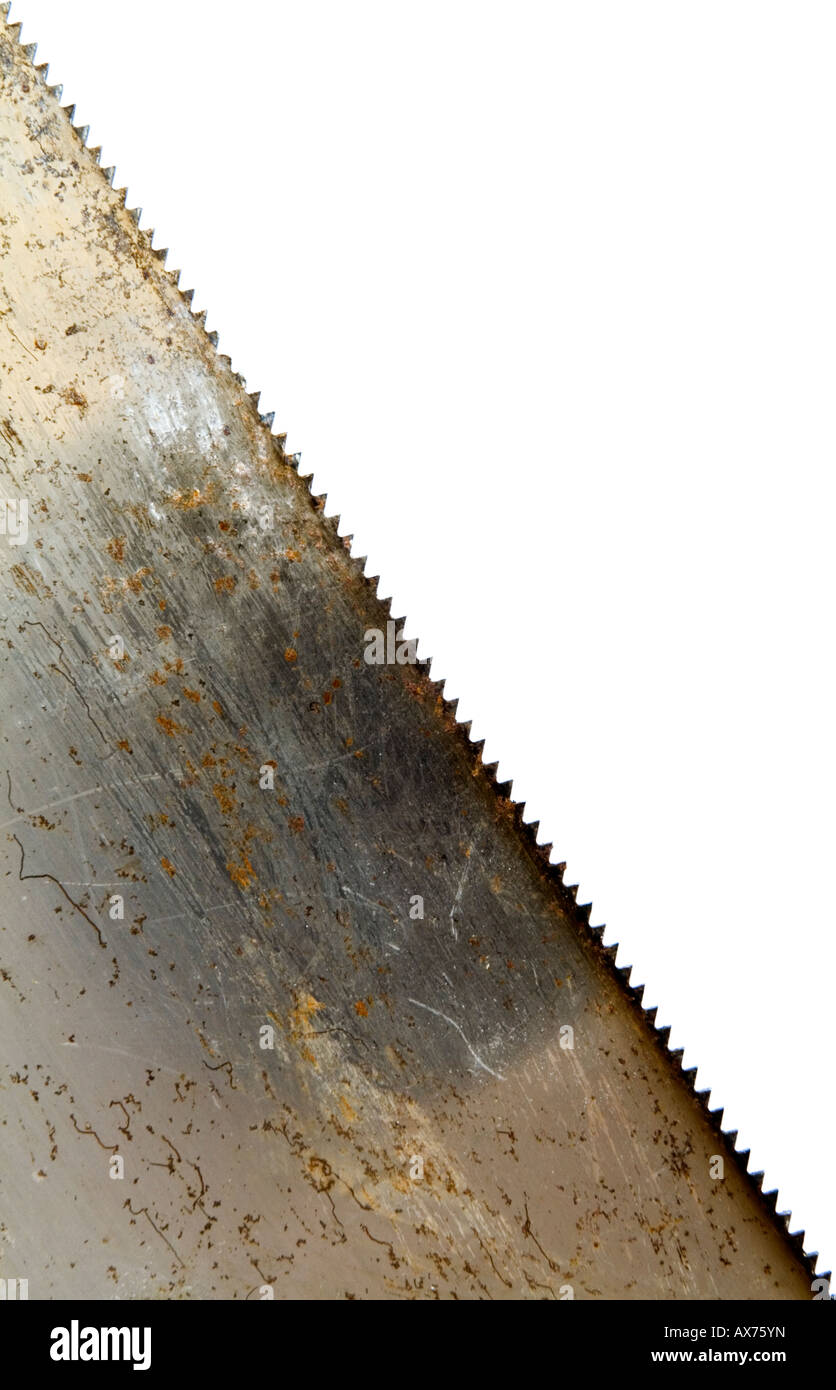 Blick auf Klinge und Zähne von einer Holzsäge hautnah Stockfoto