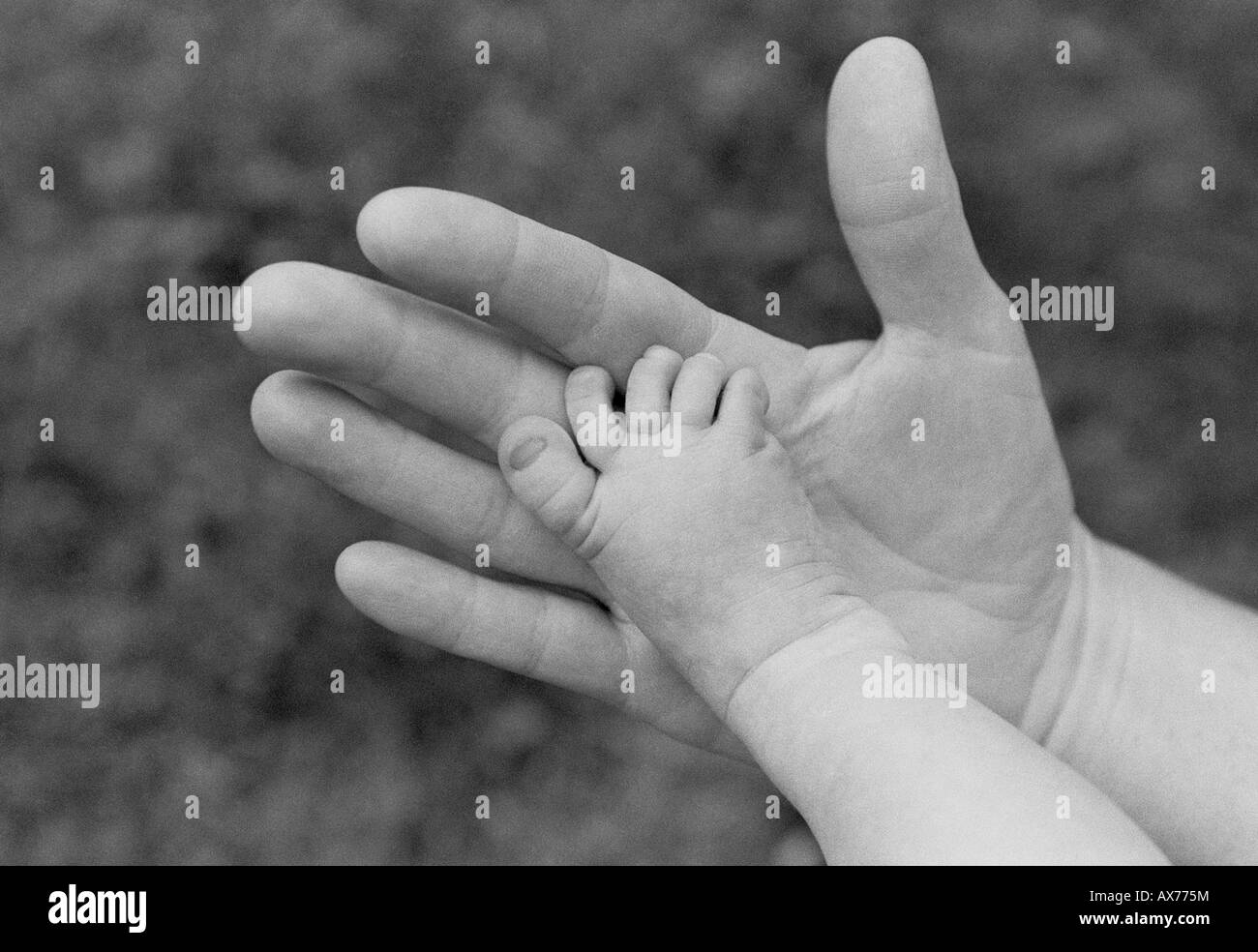 Eine Mutter die Hand stützt den kleinen Fuß ihres 2 Monate alten Babys Stockfoto