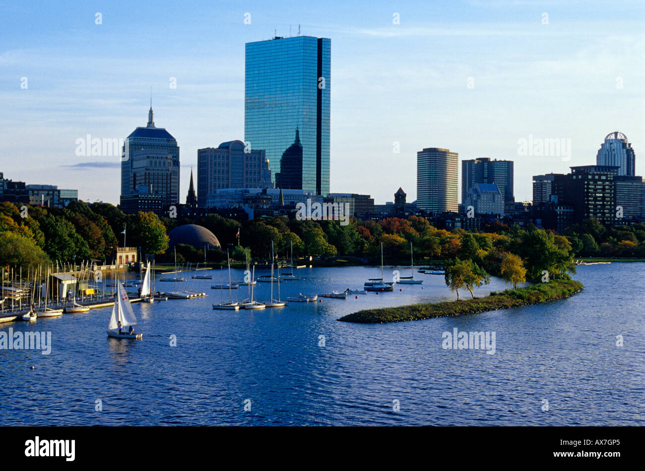 Marina am Charles River vor Hochhäusern, Boston, Massachussetts, USA, Amerika Stockfoto